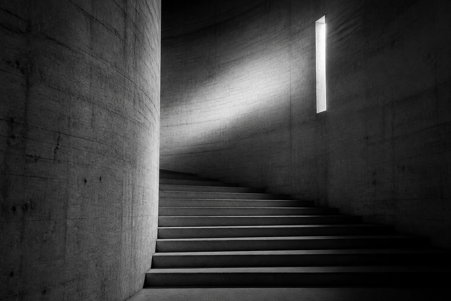 Concrete stairway shaped by a narrow beam of light